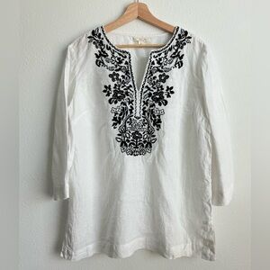 Charter Club Linen Embroidered Tunic Top White Black Floral Boho Size L